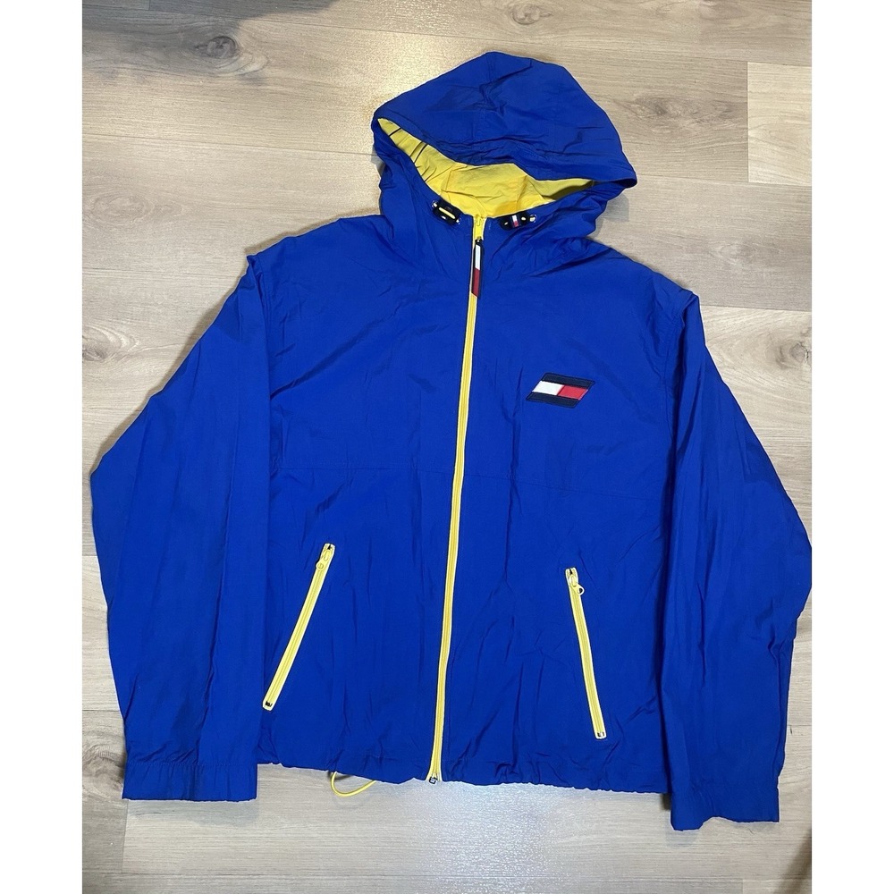 Y2K Vintage Tommy Hilfiger Men's Windbreaker Hoodie Gorpcore Jacket Logo Large